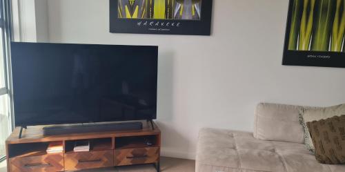 a flat screen tv on a wooden stand next to a couch at Villa 3 Luxe Coastal Escape in Cable Bay