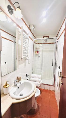 ein weißes Badezimmer mit Waschbecken und Dusche in der Unterkunft Hotel 4 Coronati in Rom