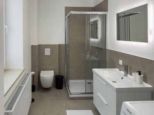 a bathroom with a shower and a toilet and a sink at Modernes Studio-Apartment in Amstetten - Ideal für paare und Alleinreisende! in Amstetten