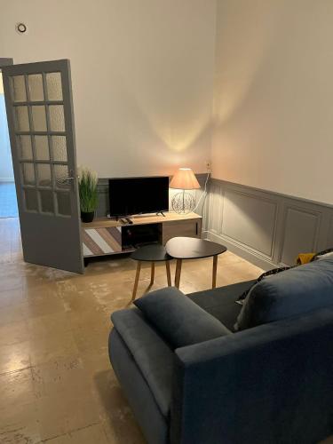 un salon avec un canapé et une table dans l'établissement Appartement 1 chambre - Centre-ville, à Bourges