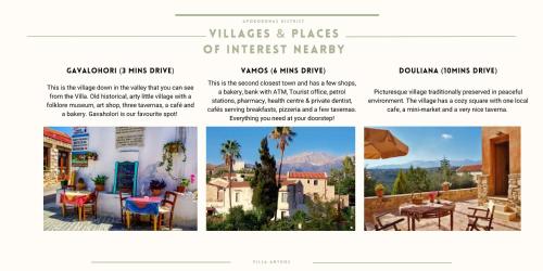a page of a hotel website with a collage of photos at Villa Anthos - Superb panoramic sea and hill views with private pool in Gavalochori