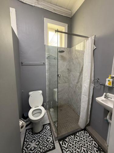 a bathroom with a shower with a toilet and a sink at CapePod Sea Point in Cape Town