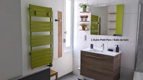 a bathroom with a sink and a mirror at Le Petit Parc in Colmar