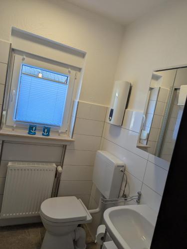 a bathroom with a toilet and a sink and a window at Apartment am Dom in Dinklage in Dinklage