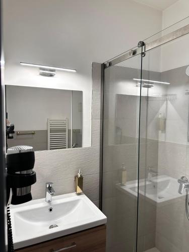 a bathroom with a sink and a glass shower at English House in Bistriţa