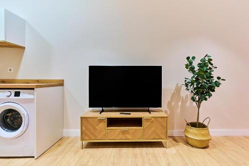 a tv on a wooden stand in a laundry room at Apartamentos Delia by gaiarooms in León