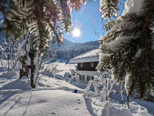 a house covered in snow next to a tree at Nattersbergalm in Reit im Winkl