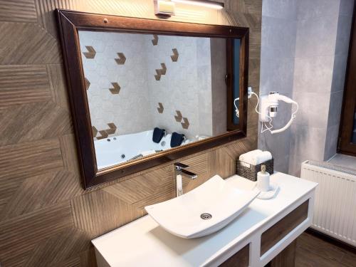 a bathroom with a sink and a mirror at Two Rivers Bran in Bran