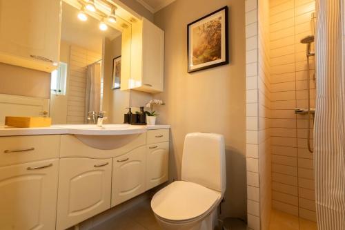 une salle de bain blanche avec toilettes et lavabo dans l'établissement Villa Sdr Bindslev, à Bindslev