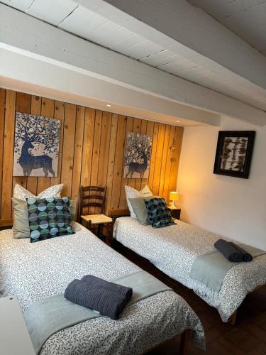 deux lits dans une chambre aux murs en bois dans l'établissement La maison Auguste - vue imprenable sur la Cité, à Carcassonne