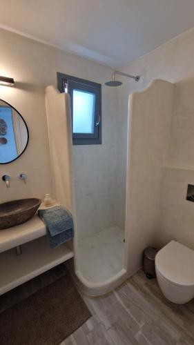 a bathroom with a shower with a sink and a toilet at Villa Meraki in Kastraki