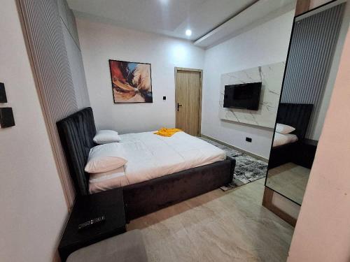 a bedroom with a bed and a television in it at Nara Luxe -- 24hours Power Supply, Board games, Pool and Gym in Lagos