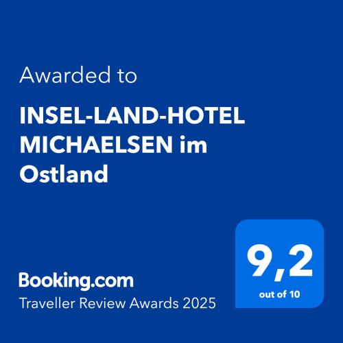 a blue sign with the words upgraded to install land hotel michelsen in o at INSEL-LAND-HOTEL MICHAELSEN im November Morgen-Yoga u Sauna inkl in Borkum