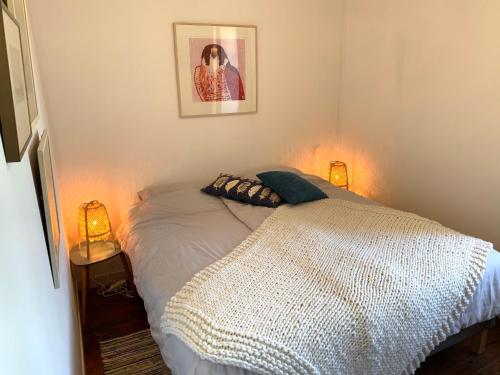 a bedroom with a bed with two lights on it at Le Vert Buisson in Cartigny-lʼÉpinay