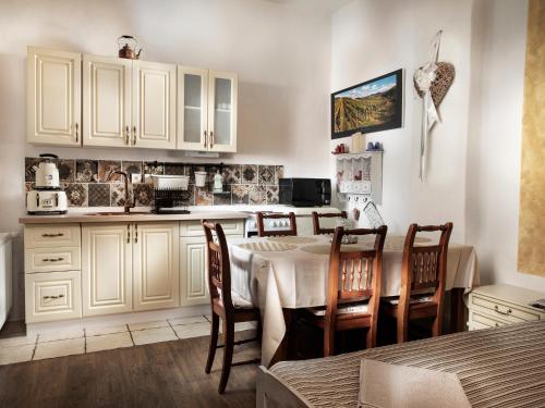 a kitchen with a table and chairs in a kitchen at Lichtenstein LVA Apartmán in Břeclav