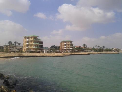 a view of a beach with two tall buildings at Fanara Apartments Armed Forces in Fayed