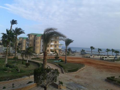 a building with palm trees in front of the ocean at Fanara Apartments Armed Forces in Fayed