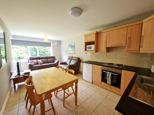 a kitchen and living room with a table and a couch at Ceann Boirne Apartments in Galway