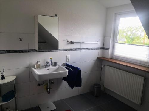 a bathroom with a sink and a mirror at Zimmer am Deich in Weyhe