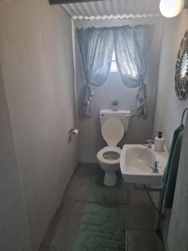 a bathroom with a toilet and a sink and a window at Rus i tydjie in Graafwater