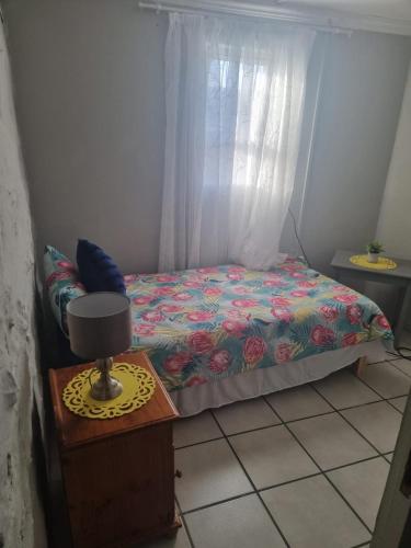a bedroom with a bed and a table with a lamp at Rus i tydjie in Graafwater