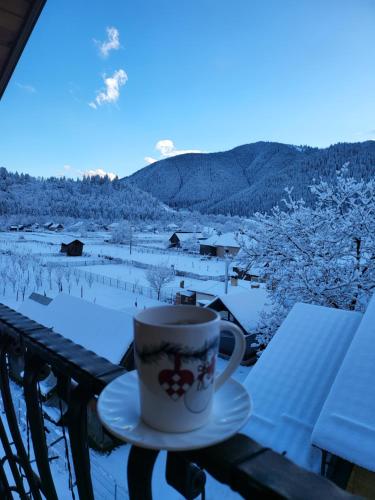 a cup of coffee sitting on a balcony in the snow at Pensiunea Rozmarin in Borca