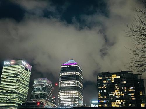 a group of tall buildings in a city at night at Opulent Retreat in London