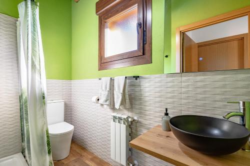 La salle de bains est pourvue d'un lavabo noir et de murs verts. dans l'établissement Picuastur, à Cangas de Onís