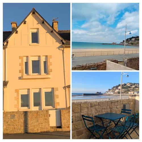 une maison, une table et une plage dans l'établissement Maison Ty Bihan face à la plage de Pleneuf, à Pléneuf-Val-André