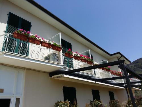 a white building with two balconies with flowers on them at Albergo Blueline in Tellaro
