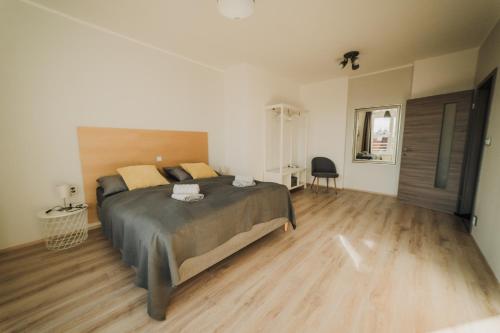 a bedroom with a large bed and a wooden floor at CityBeat Apartments, 400m from the square in Plzeň