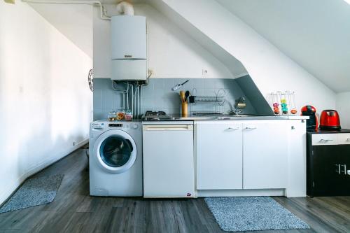 une cuisine avec une machine à laver et un évier dans l'établissement Nid Douillet en Hypercentre - Proche Cathédrale Rodez, à Rodez