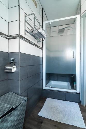 une salle de bain avec une douche avec un lavabo et un miroir dans l'établissement Nid Douillet en Hypercentre - Proche Cathédrale Rodez, à Rodez