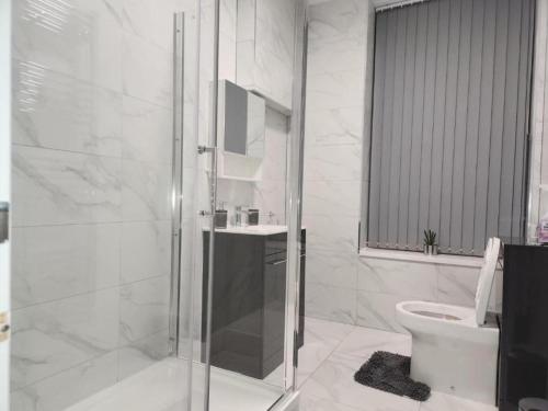 a white bathroom with a shower and a toilet at 1 Bed Flat - Sleeps 2 - Pets - Parking - Wifi in Kettering