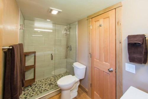 a bathroom with a toilet and a shower at Sky Is The Limit Centrally Located For Big Sky Fun in Big Sky