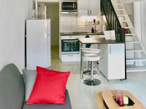 un oreiller rouge assis sur un canapé dans une cuisine dans l'établissement Loft sous les toits lumineux - Capitole-Daurade-Esquirol - Wifi, à Toulouse