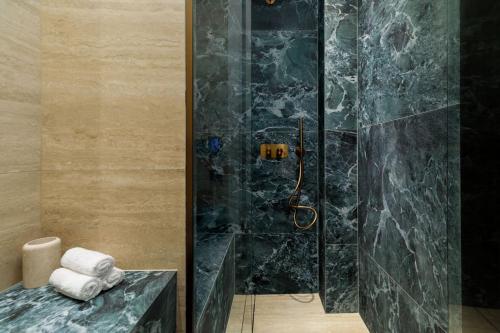 une salle de bain avec une douche avec un comptoir et un lavabo dans l'établissement Oniri - Serviced Apartments Notre Dame - Quai des Grands Augustins, à Paris