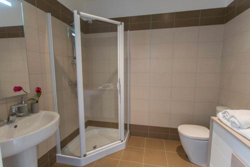 une salle de bain avec une douche, des toilettes et un lavabo dans l'établissement Superb 50m2 condominium apartment with swimming pool, à Menton