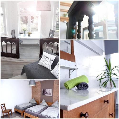 a collage of photos of a living room at Gästehaus Wagner in Chemnitz