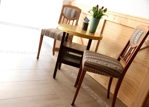 a table with two chairs and a table with a plant on it at Gästehaus Wagner in Chemnitz