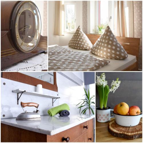 a collage of pictures of a kitchen with pillows at Gästehaus Wagner in Chemnitz