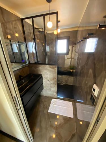 une salle de bain avec un lavabo et un miroir dans l'établissement Maison Pays Basque, à Briscous