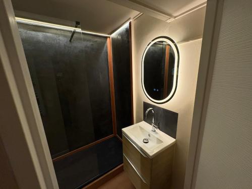 une petite salle de bain avec un lavabo et un miroir dans l'établissement L'Atlas de la Comédie, à Montpellier