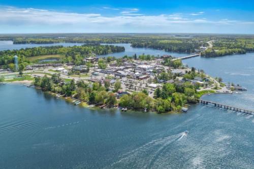 an aerial view of an island in a lake at Minoqua Shores Cabin 6 in Minocqua