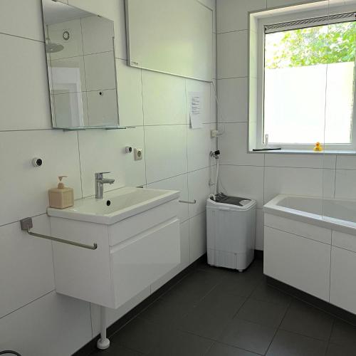 a bathroom with a sink and a toilet and a window at De Babbel | 4 persons in Gasselte