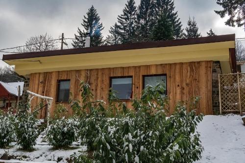 a wooden house with a yellow roof in the snow at Larix Mátra Vendégház in Matraszentlaszlo