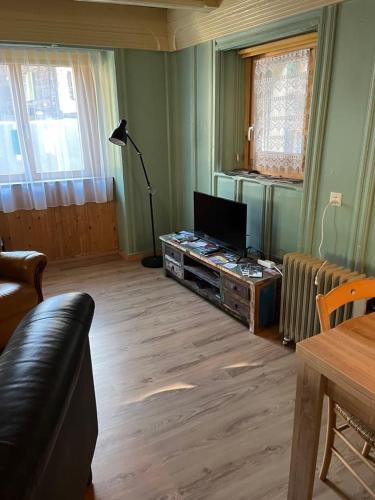 a living room with a couch and a television at Historische Maisonettewohnung bis 10 Gäste, Magic Pass Belalp, Rosswald und mehr in Naters