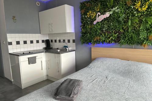 Cet appartement comprend une chambre dotée d'une cuisine avec une plante sur le mur. dans l'établissement Naturiste Cap d'Agde Héliopolis F 47, au Cap d'Agde