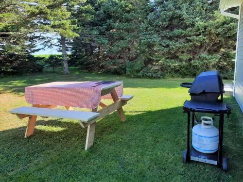 a picnic table and a bbq grill on the grass at Harbour Light Haven in North Rustico
