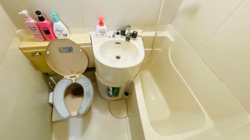 a small bathroom with a toilet and a sink at 新所沢駅徒歩1分 近くに豊富な飲食店 ベルーナドーム 東京や川越観光拠点に コンビニ30秒 in Tokorozawa